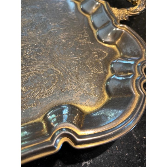 Vintage Gold Plate Butler Tray Relief Embossed Four Ornate Feet 23x13x2 Inches - Picture 9 of 11